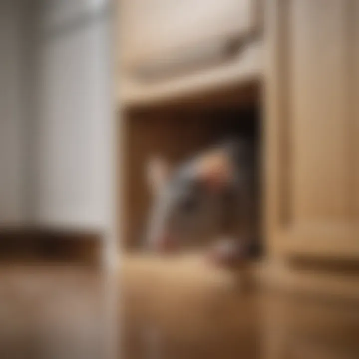 A large rat peeking from behind a kitchen cabinet