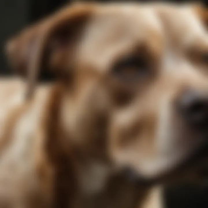 A close-up view of a dog with visible symptoms of mange, showcasing skin irritation and hair loss.