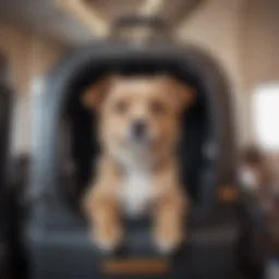 A pet traveling comfortably in a carrier during a flight