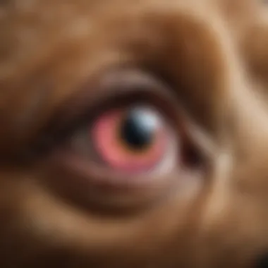 A close-up view of a dog's eye showing signs of conjunctivitis with redness and discharge.