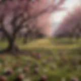 A vibrant plum orchard in full bloom during the peak season