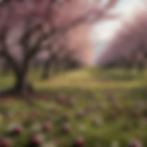 A vibrant plum orchard in full bloom during the peak season