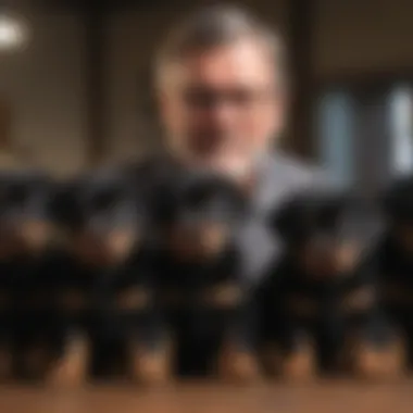 Breeder Evaluating Puppy Lineage An experienced breeder examining the lineage of Rottweiler puppies