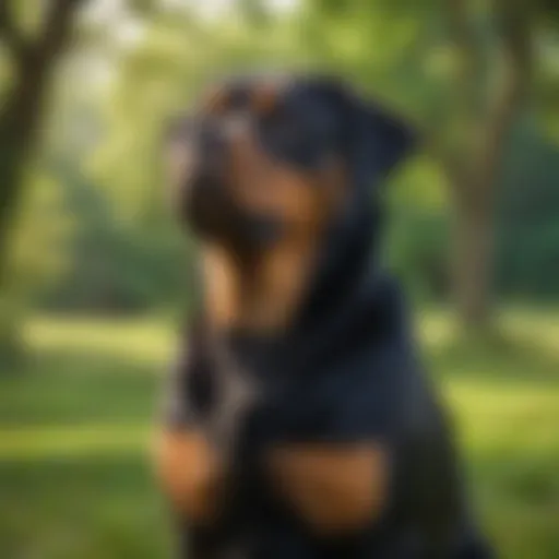 A majestic purebred Rottweiler standing proudly in a lush green park
