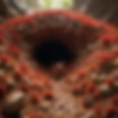 Detailed view of a red ant mound with intricate tunnels