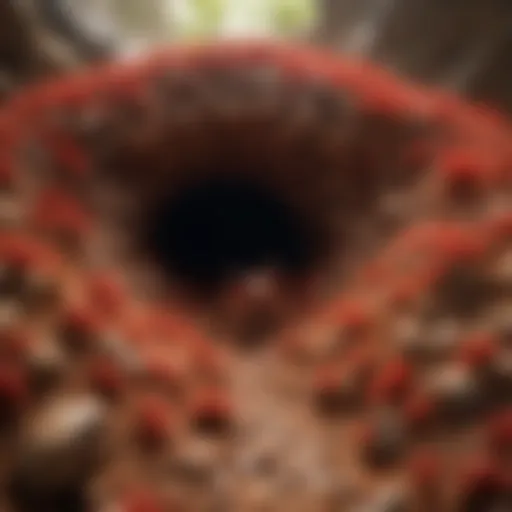 Detailed view of a red ant mound with intricate tunnels