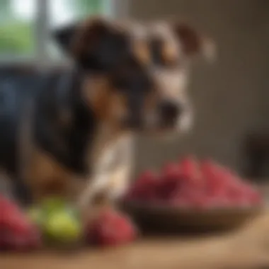 Curiosity of a Dog Towards Grapes Dog looking curiously at a bowl of red grapes.