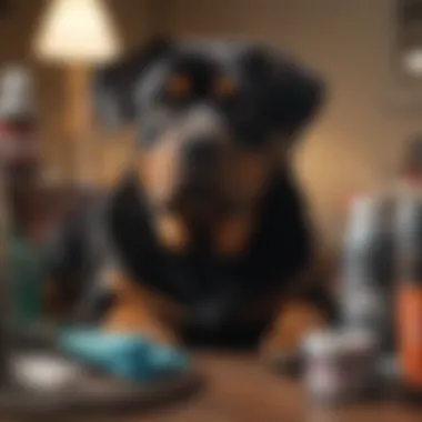 A Rottweiler surrounded by various dog care supplies