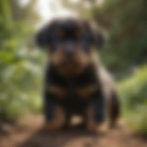 A Rottweiler puppy playing in a lush garden