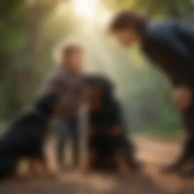 A Rottweiler interacting with children in a friendly manner