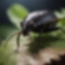 Close-up view of a small black roach on a leaf