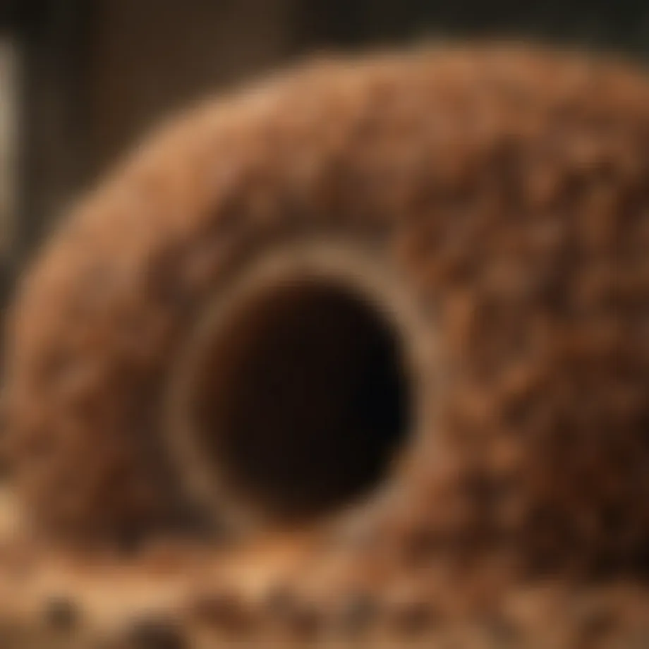A close-up view of a termite colony showcasing their intricate tunnels and social structure.