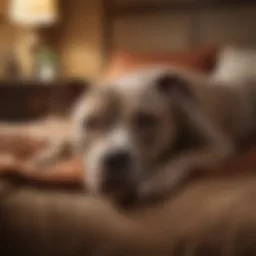 A mature pitbull resting comfortably on a cozy bed
