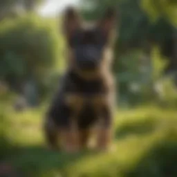 A German Shepherd puppy playing in a lush green backyard