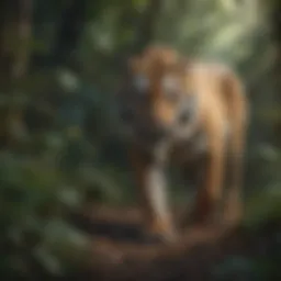 A tiger prowling through dense jungle foliage, showcasing its natural hunting ground.