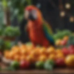A vibrant parrot perched on a branch surrounded by colorful fruits and vegetables