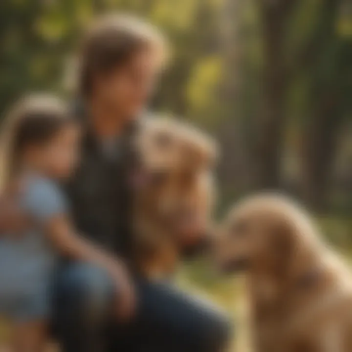 A male golden retriever puppy interacting with children, emphasizing its friendly nature.