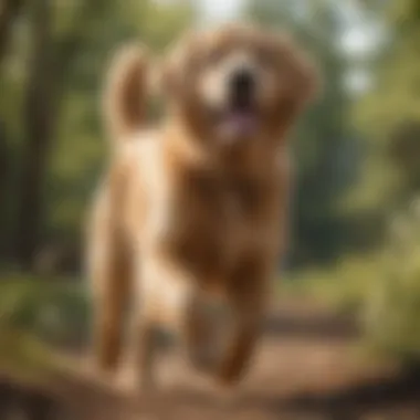 Energetic Male Golden Retriever Outdoors A male golden retriever puppy enjoying an outdoor adventure, showcasing its energetic spirit.