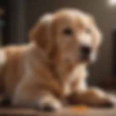 A well-trained male golden retriever puppy sitting obediently with a treat.