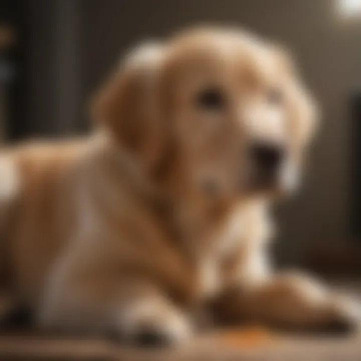 A well-trained male golden retriever puppy sitting obediently with a treat.