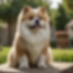 A Lhasa dog showcasing its distinctive coat in a serene garden setting.