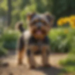 Yorkie Poo playing in a sunny garden