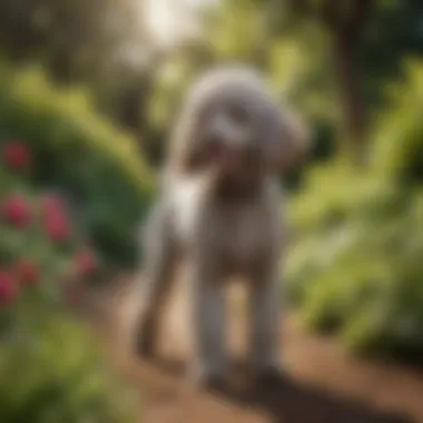 Mid-size poodle playing in a lush garden setting