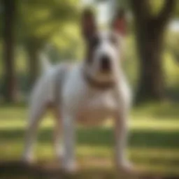 A Bull Terrier standing proudly in a park showcasing its muscular build.