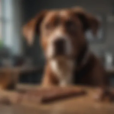 A curious dog eyeing a chocolate bar on a table