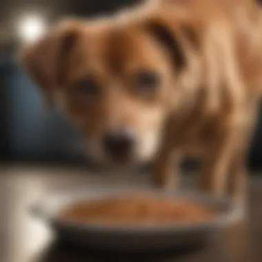 A dog looking curiously at a bowl of cat food