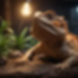 A vibrant bearded dragon basking under a night heat bulb in its habitat.