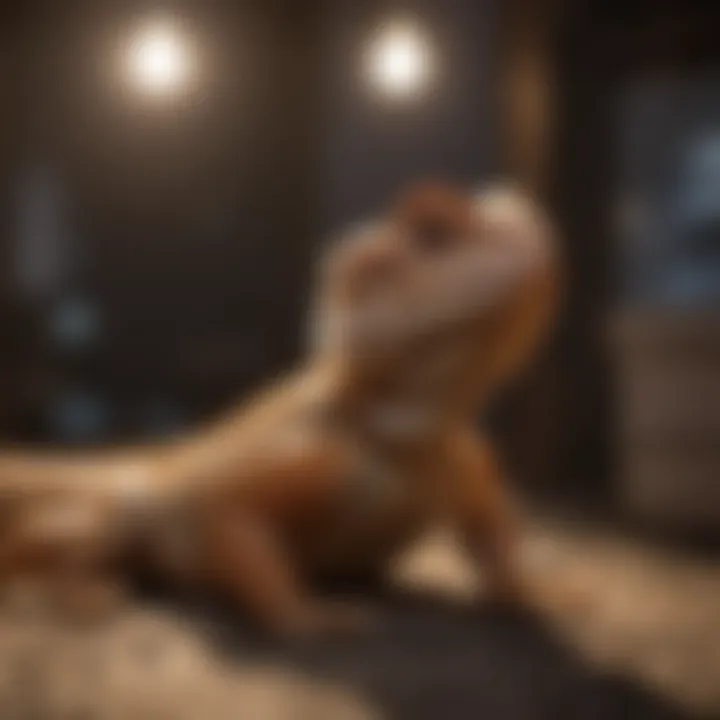 Close-up of a night heat bulb illuminating a bearded dragon's enclosure.