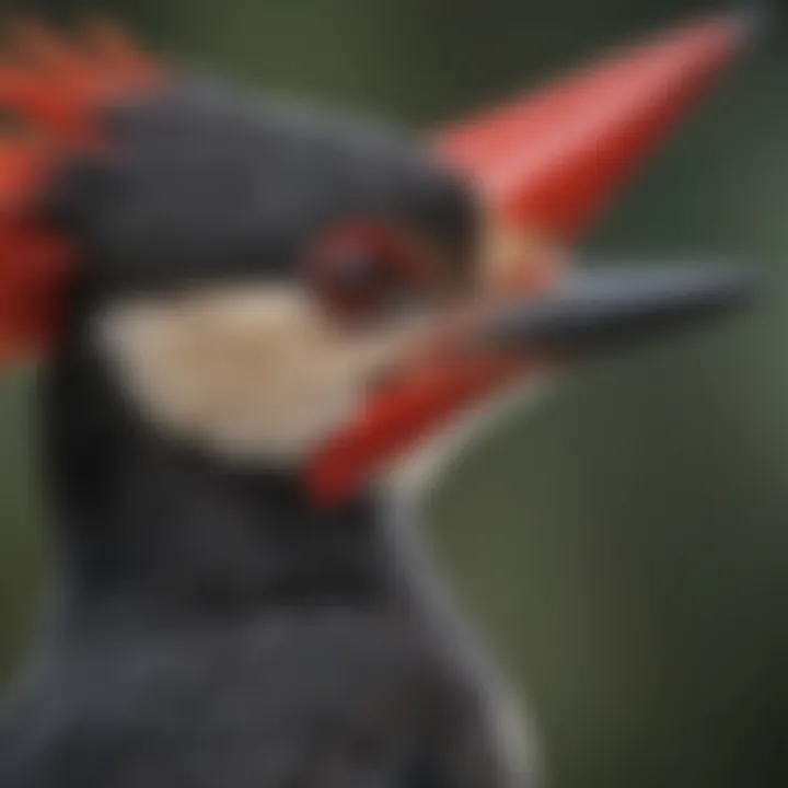 A close-up of a pileated woodpecker's head, highlighting its distinctive features including the vibrant red crest and strong bill.