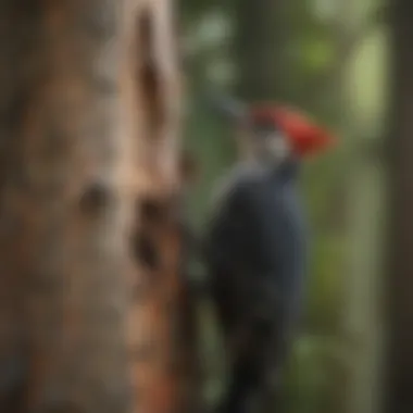 Comparison of a pileated woodpecker next to a smaller woodpecker species, illustrating size differences in a natural setting.