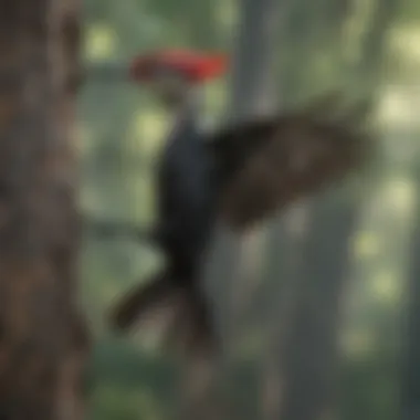 A side view of a pileated woodpecker in flight, demonstrating its impressive wingspan and aerodynamic form.