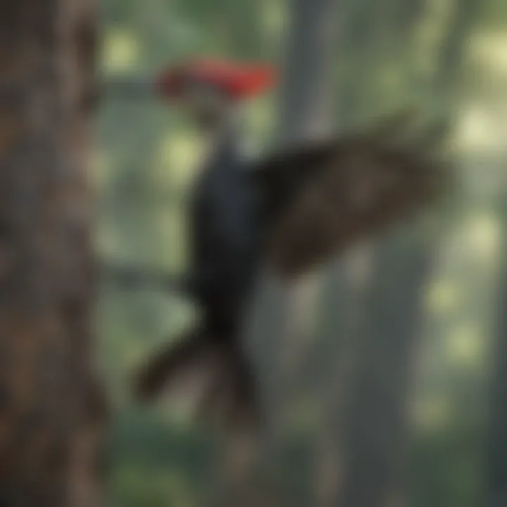 A side view of a pileated woodpecker in flight, demonstrating its impressive wingspan and aerodynamic form.