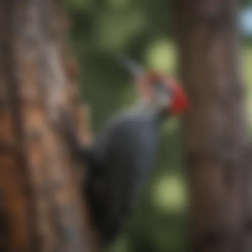A majestic pileated woodpecker perched on a tree trunk, showcasing its striking red crest and bold black and white plumage.