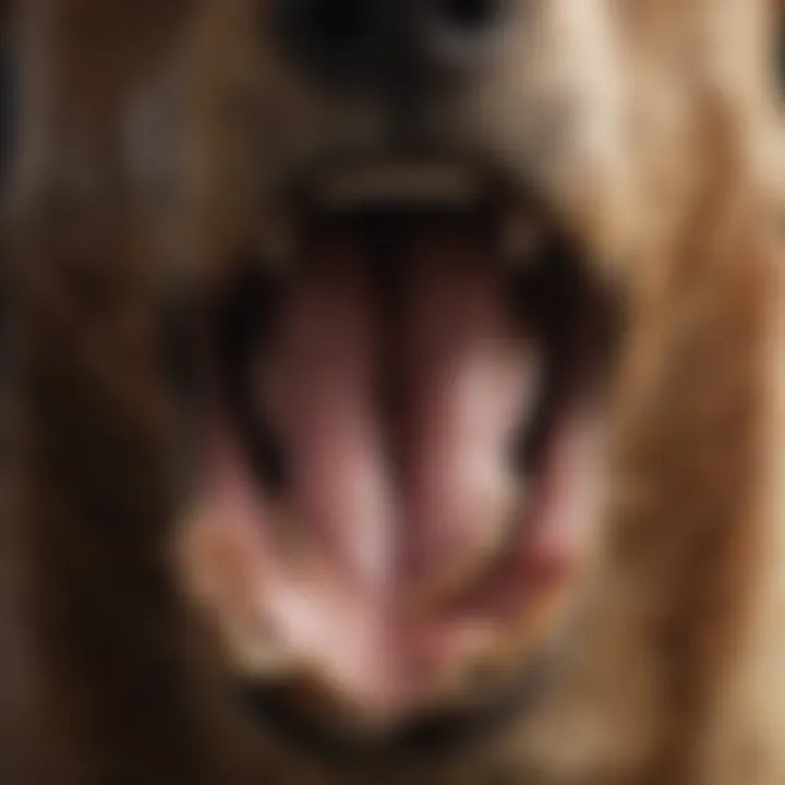 A close-up of a dog's mouth open in a bark, showcasing vocal cords