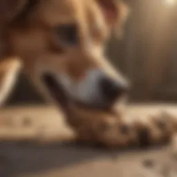 A dog examining its paw with curiosity