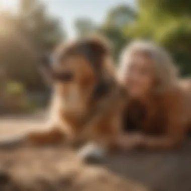 An owner and dog enjoying a sunny day, with the dog leaning against its owner for comfort.