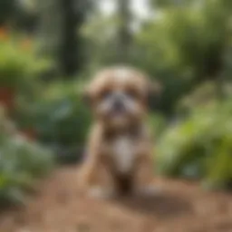 A Yorkie Shih Tzu puppy playing joyfully in a garden