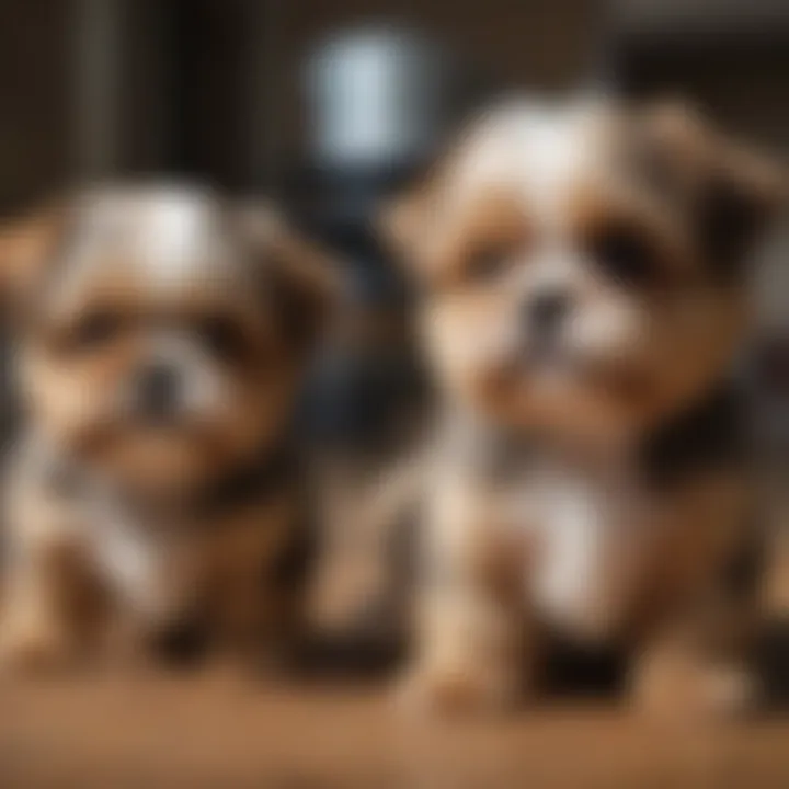 Two Yorkie Shih Tzu puppies socializing with other dogs