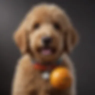 Happy young Goldendoodle with a toy