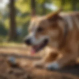 Dog licking its legs in a sunny park