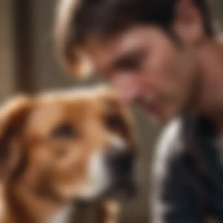 Pet owner observing dog with concern