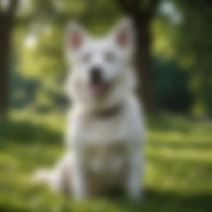 A majestic white male dog standing proudly in a lush green park