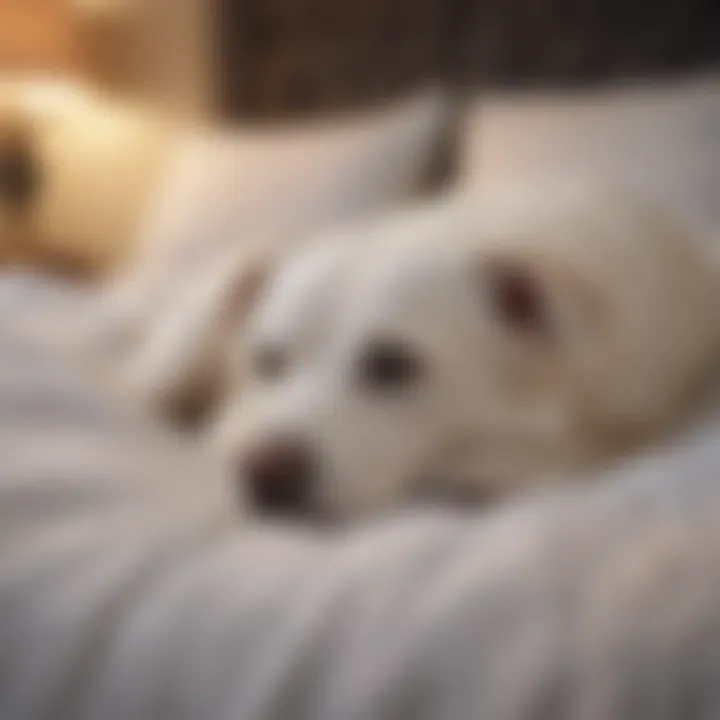 A white male dog lying peacefully on a cozy bed