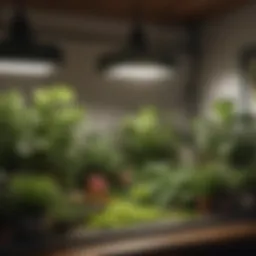 A vibrant indoor garden illuminated by a clip-on grow light, showcasing lush green plants.