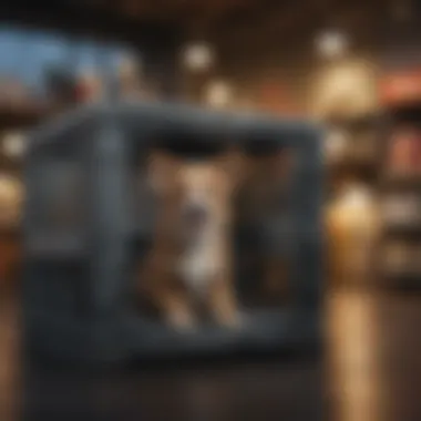 Different types of dog crates displayed in a pet store