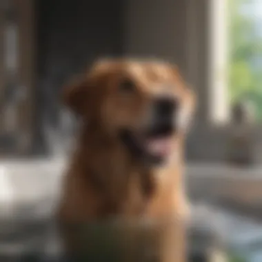 A large dog happily playing with water during a bath